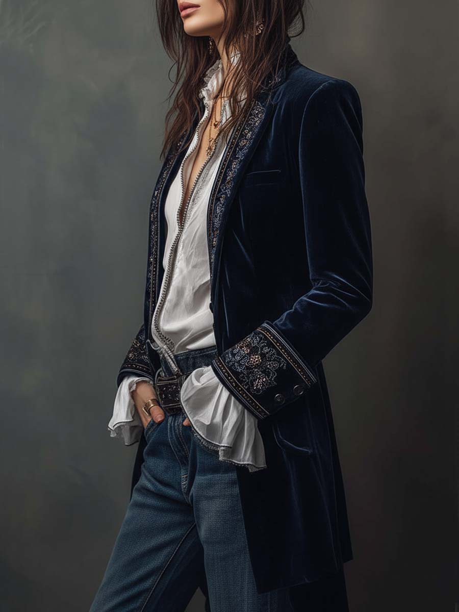 Ora | Lange velvet jas met verfijnde borduursels