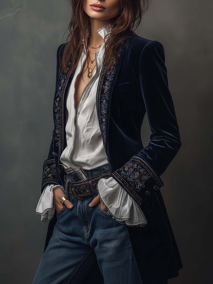 Ora | Lange velvet jas met verfijnde borduursels