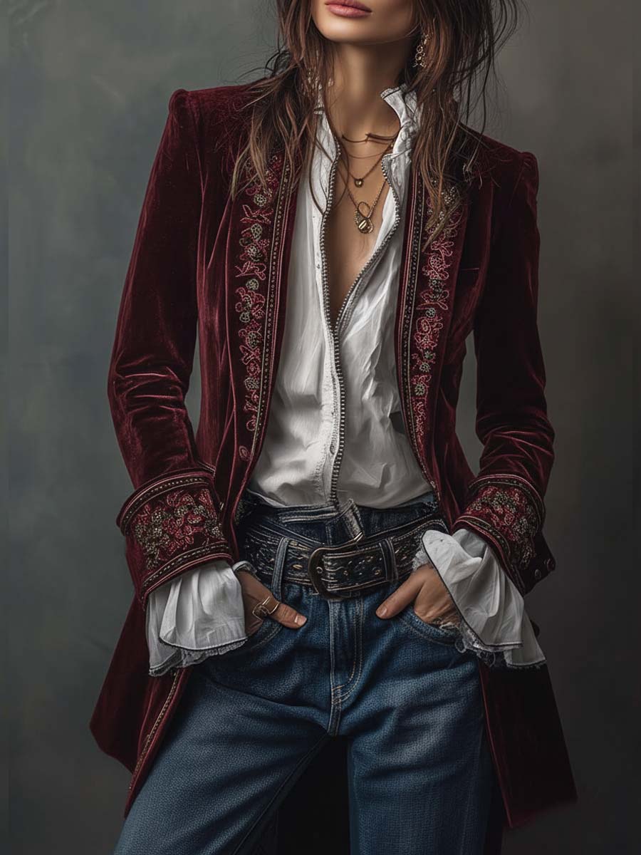 Ora | Lange velvet jas met verfijnde borduursels