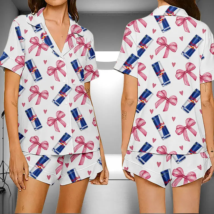 GEORGINA™ - Stijlvolle roze pyjamaset met korte mouwen en strik 0