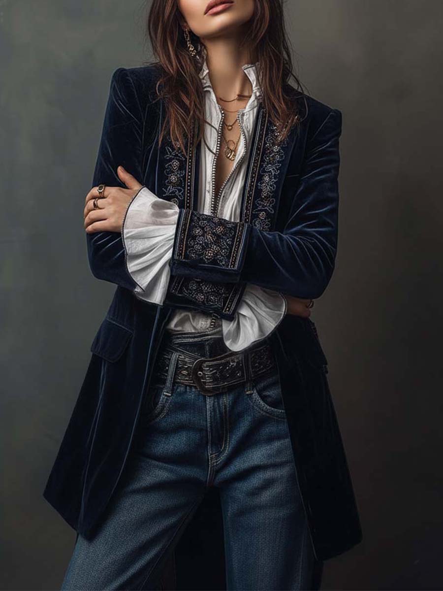 Ora | Lange velvet jas met verfijnde borduursels