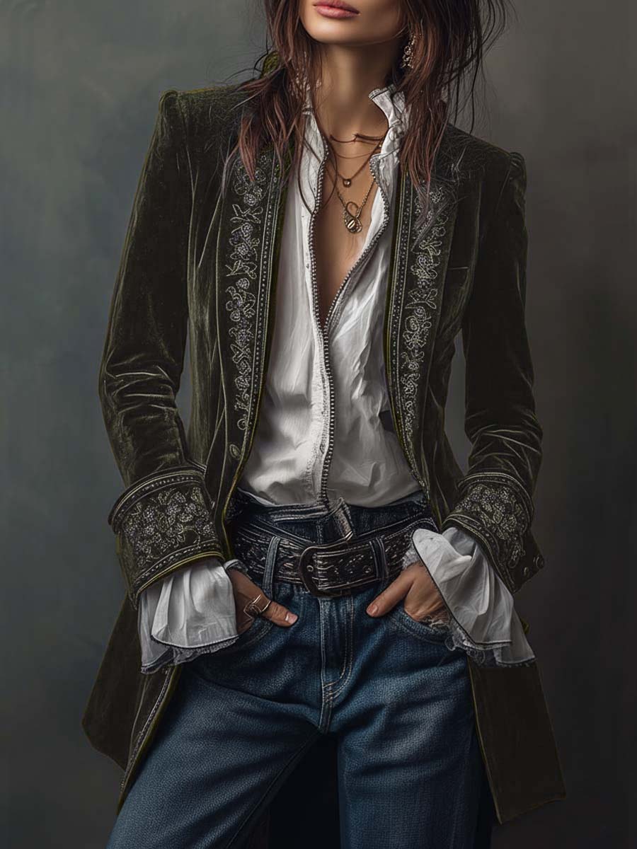 Ora | Lange velvet jas met verfijnde borduursels