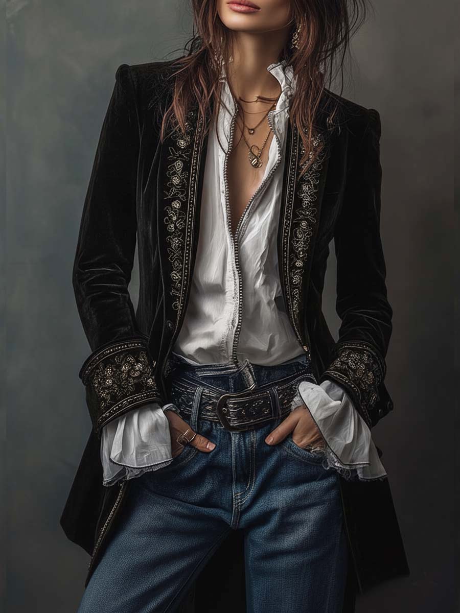 Ora | Lange velvet jas met verfijnde borduursels