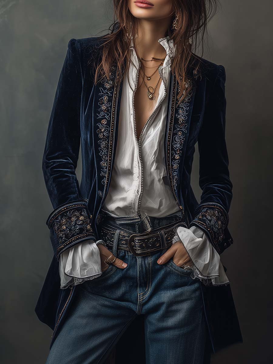 Ora | Lange velvet jas met verfijnde borduursels