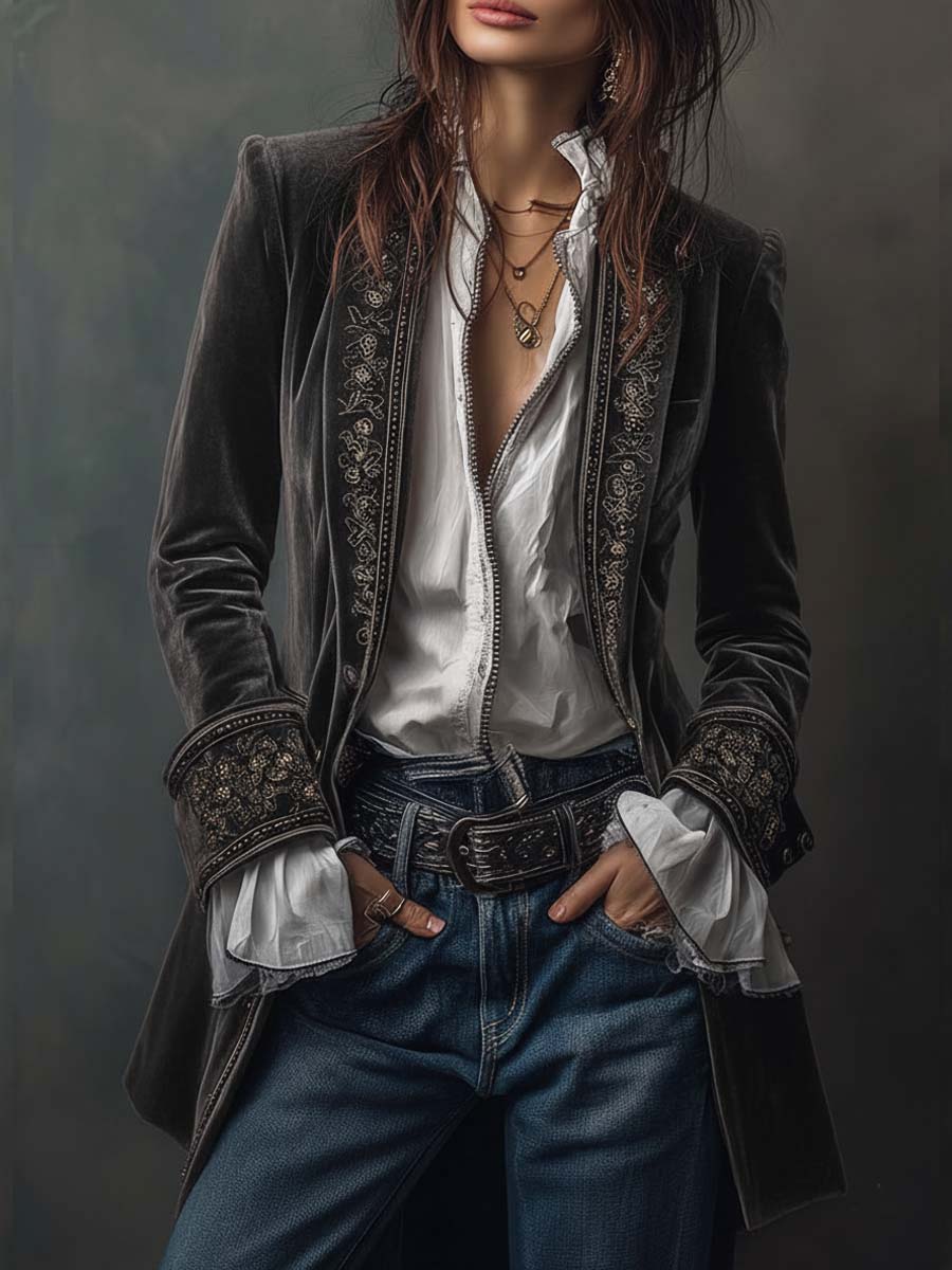 Ora | Lange velvet jas met verfijnde borduursels